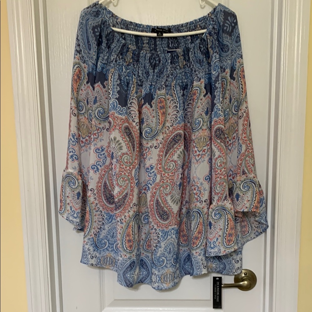 Zac & Rachel Blue and Brown Asymmetrical 3/4 Sleeve Blouse